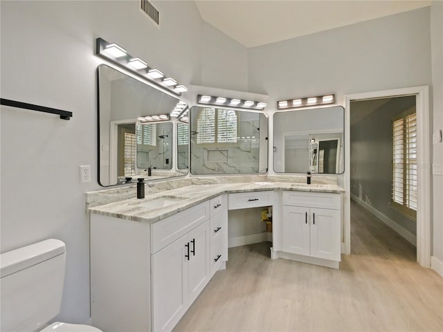 bathroom with a shower, wood-type flooring, vanity, and toilet