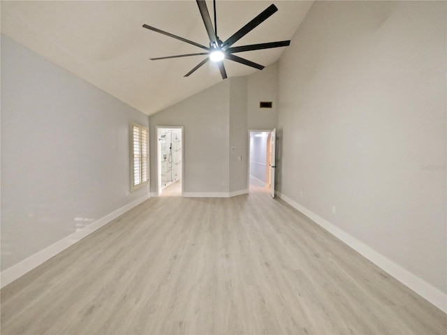 unfurnished living room featuring ceiling fan, light hardwood / wood-style flooring, and high vaulted ceiling