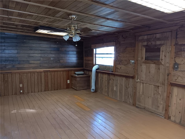 interior space with ceiling fan, wooden walls, light hardwood / wood-style flooring, and wooden ceiling