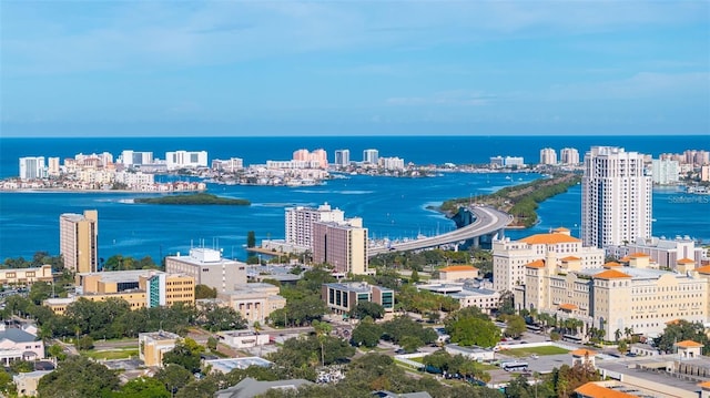 aerial view featuring a water view