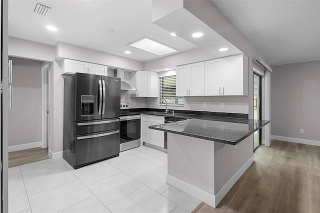 kitchen featuring white cabinets, kitchen peninsula, appliances with stainless steel finishes, and dark stone counters