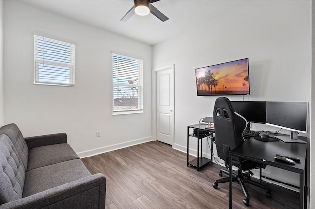 office area featuring hardwood / wood-style floors and ceiling fan