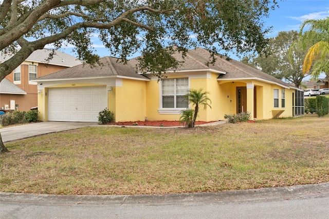 ranch-style house with stucco siding, a garage, concrete driveway, and a front lawn