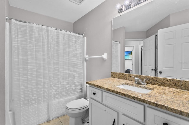 full bath with visible vents, toilet, tile patterned flooring, shower / bath combination with curtain, and vanity