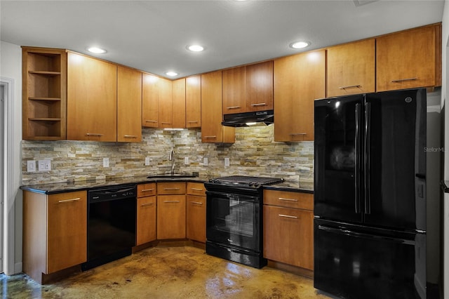 kitchen with black appliances, decorative backsplash, dark stone countertops, and sink