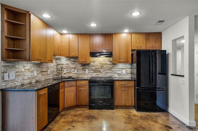 kitchen with black appliances, ventilation hood, sink, tasteful backsplash, and concrete floors