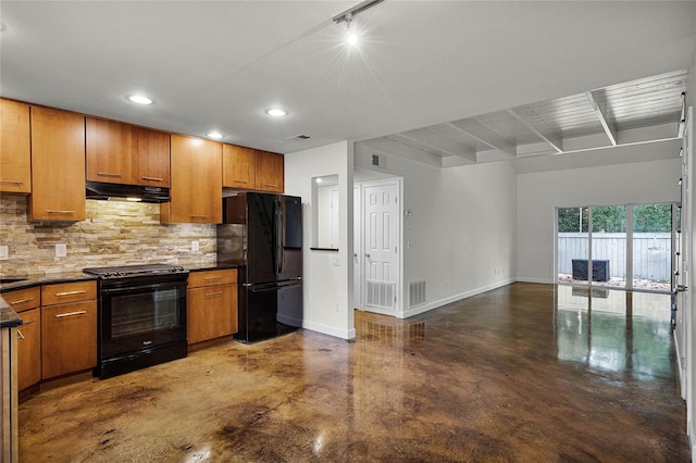 kitchen featuring backsplash and black appliances