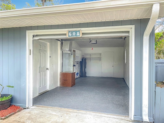 garage featuring water heater