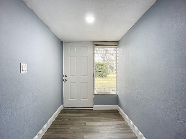 doorway featuring hardwood / wood-style flooring, a textured ceiling, and a healthy amount of sunlight