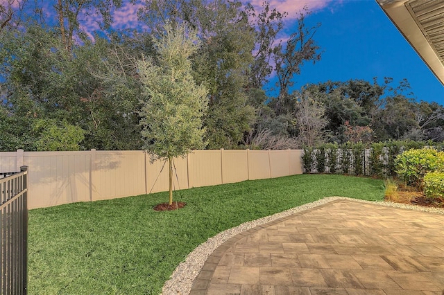 yard at dusk featuring a patio area