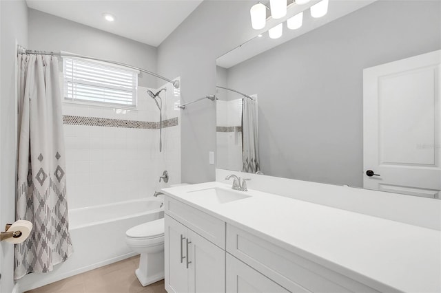 full bathroom featuring toilet, shower / tub combo, tile patterned floors, and vanity