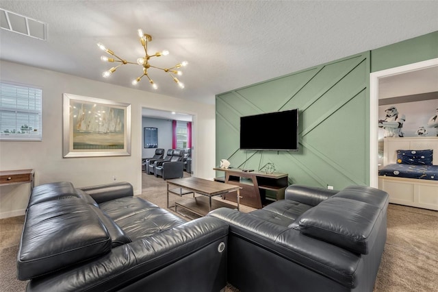 living room featuring carpet flooring, a textured ceiling, and a notable chandelier