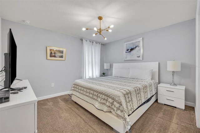 carpeted bedroom featuring a chandelier