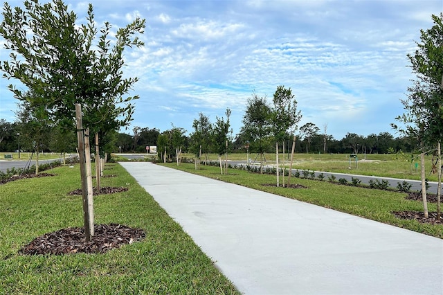 view of property's community featuring a lawn and driveway