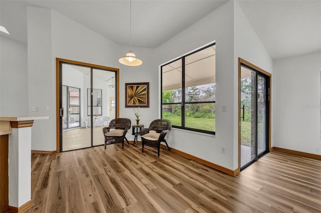 living area with vaulted ceiling and light hardwood / wood-style floors