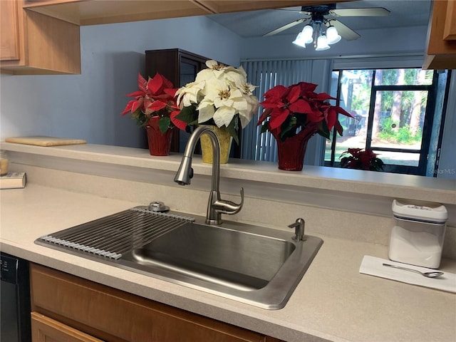 interior details with sink, ceiling fan, and dishwasher