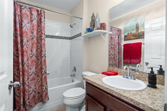 full bathroom featuring vanity, shower / tub combo, and toilet