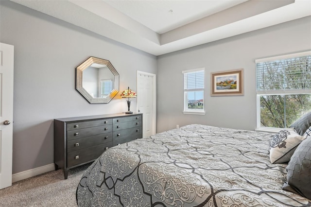 bedroom with a tray ceiling and light carpet