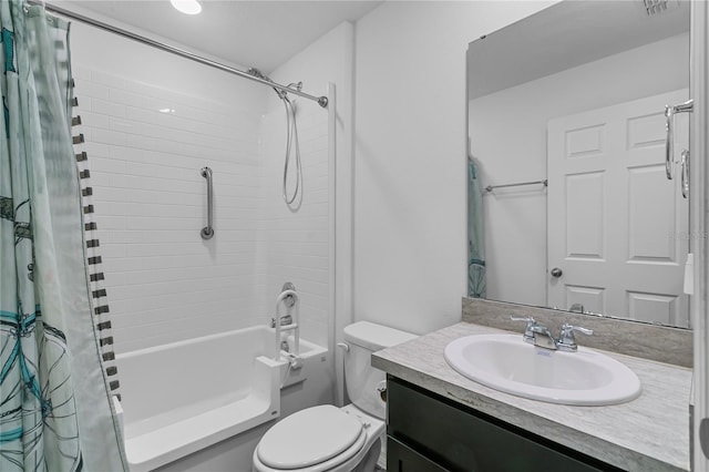 full bathroom with shower / bath combination with curtain, vanity, and toilet