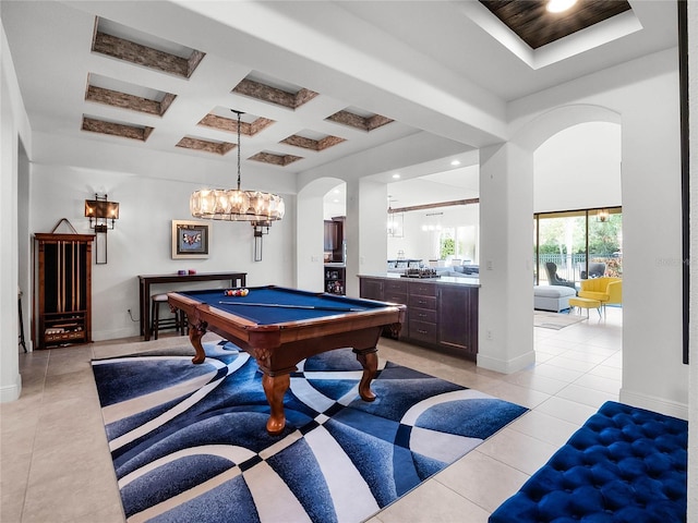 playroom featuring beamed ceiling, pool table, coffered ceiling, and light tile patterned floors