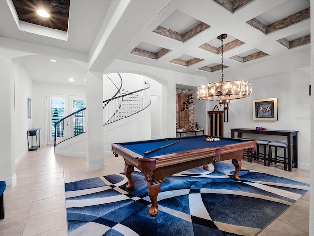 playroom with coffered ceiling, billiards, and light tile patterned flooring