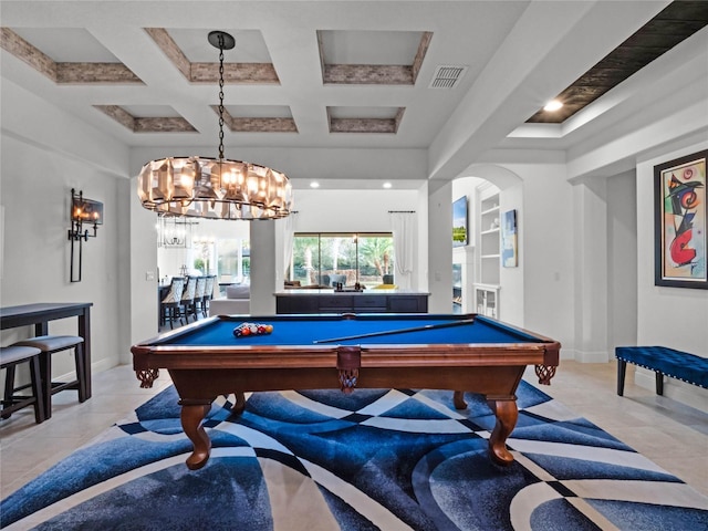 rec room with beamed ceiling, pool table, coffered ceiling, and light tile patterned floors