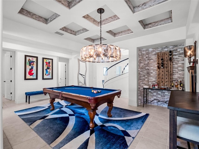 game room featuring beamed ceiling, billiards, coffered ceiling, and light tile patterned floors