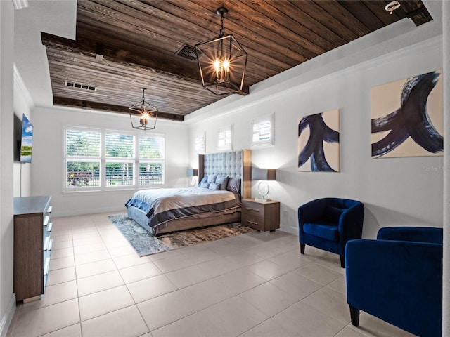 tiled bedroom featuring wood ceiling, ornamental molding, a raised ceiling, and a notable chandelier