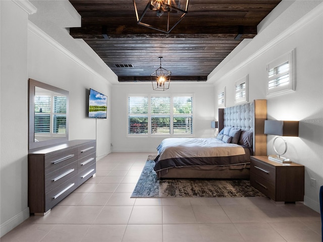 tiled bedroom with wood ceiling and multiple windows