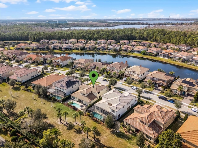 aerial view featuring a water view