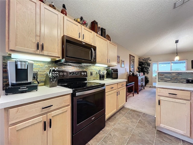 kitchen with electric range oven, hanging light fixtures, backsplash, and light brown cabinets