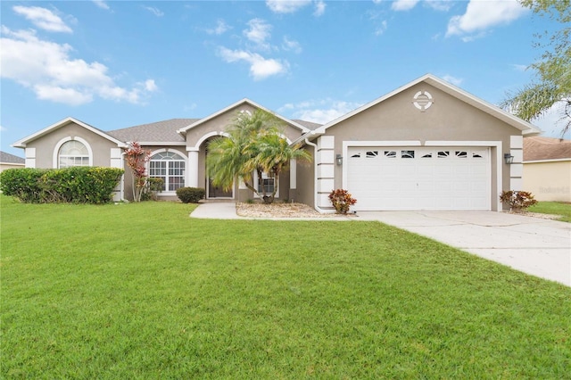 ranch-style house with a garage and a front lawn