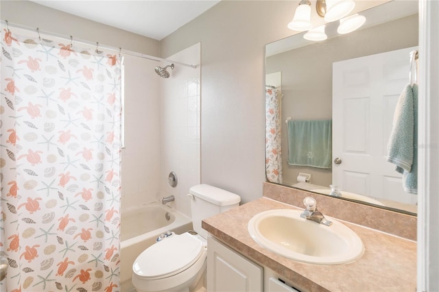 full bathroom with shower / bath combo, vanity, toilet, and a notable chandelier