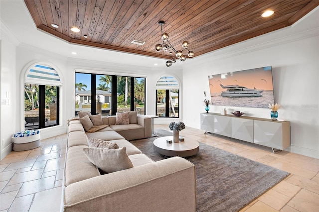 living room featuring wood ceiling, a tray ceiling, and stone tile flooring