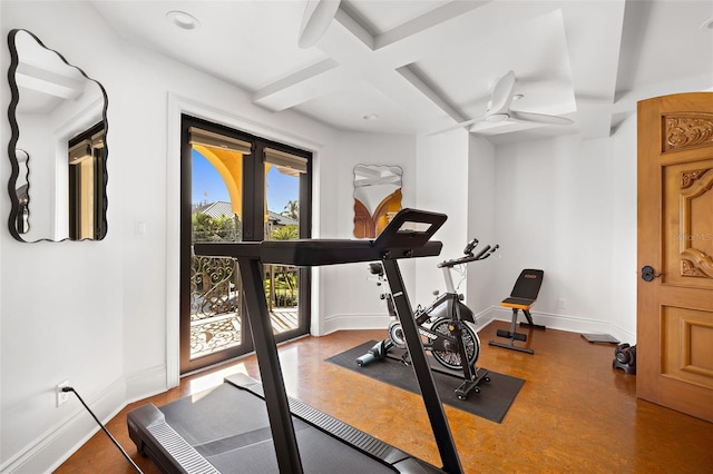 workout area featuring coffered ceiling, a ceiling fan, and baseboards