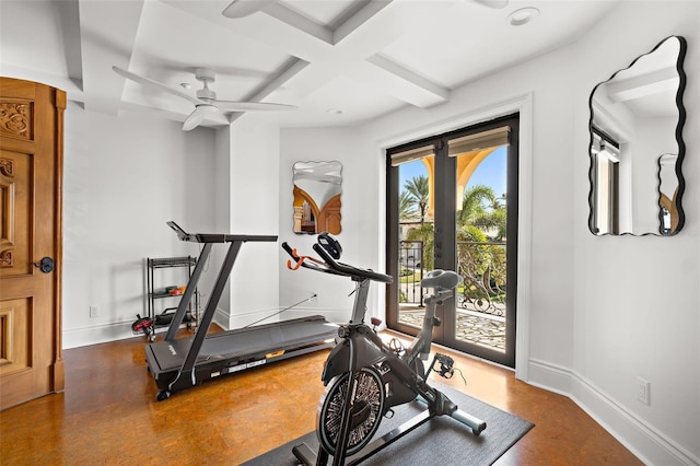 workout room with french doors, coffered ceiling, and baseboards