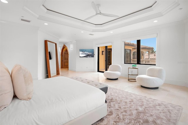 bedroom featuring baseboards, visible vents, a raised ceiling, ornamental molding, and recessed lighting