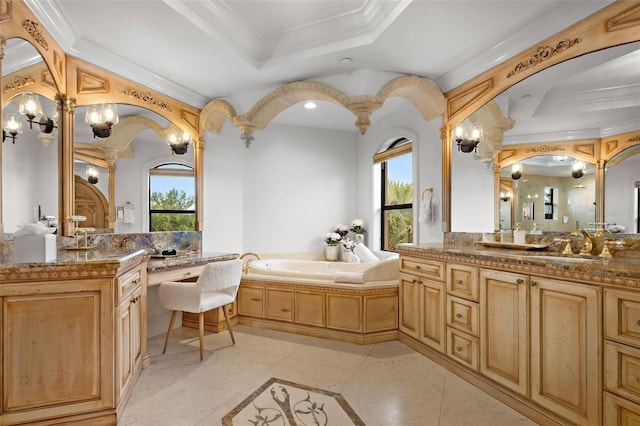 bathroom featuring two vanities, a raised ceiling, a bath, and crown molding