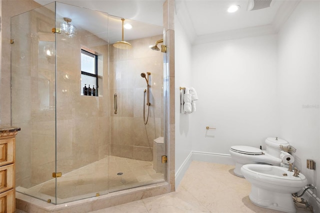 full bathroom with ornamental molding, a bidet, a shower stall, and baseboards