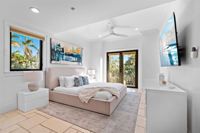 bedroom featuring baseboards, ornamental molding, french doors, and recessed lighting