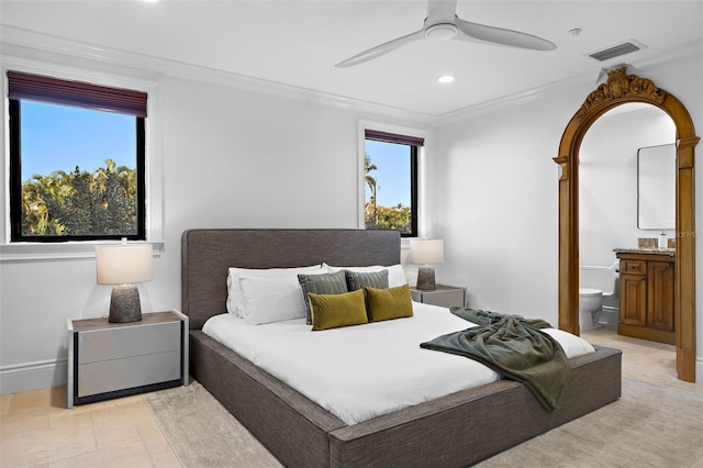 bedroom with recessed lighting, visible vents, ensuite bathroom, ornamental molding, and a ceiling fan