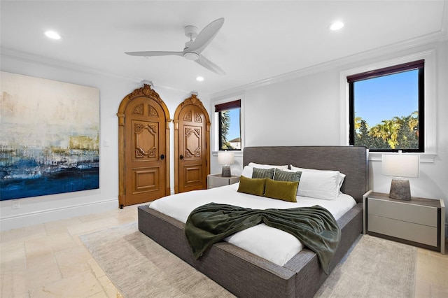 bedroom featuring baseboards, ceiling fan, ornamental molding, stone tile flooring, and recessed lighting