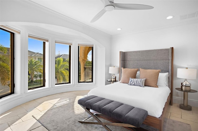 bedroom with stone tile flooring, visible vents, crown molding, and recessed lighting