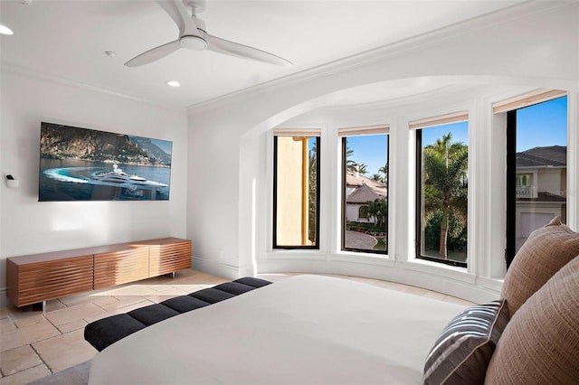 bedroom featuring crown molding, stone tile floors, recessed lighting, ceiling fan, and baseboards