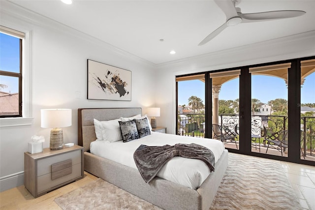 bedroom featuring recessed lighting, a ceiling fan, baseboards, access to exterior, and ornamental molding