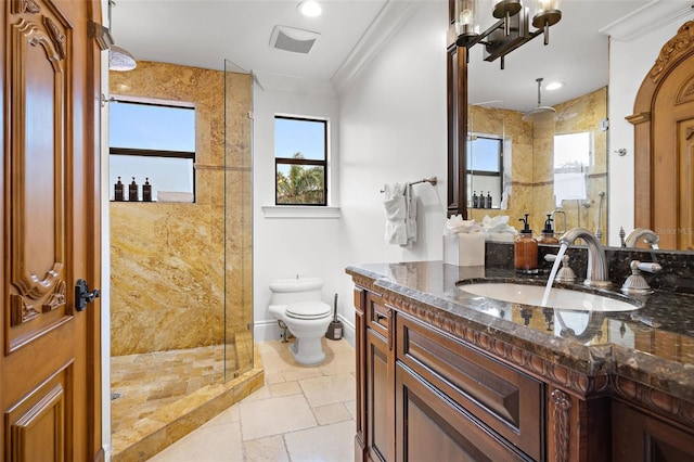 full bath featuring stone tile floors, toilet, crown molding, vanity, and a shower stall