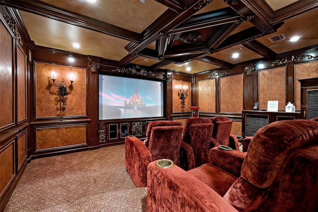 cinema featuring coffered ceiling, carpet flooring, beam ceiling, and a decorative wall