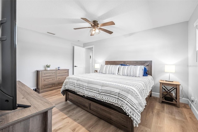 bedroom with light hardwood / wood-style floors and ceiling fan