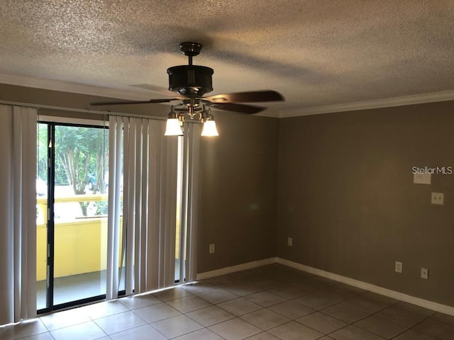 unfurnished room featuring light tile patterned floors, a textured ceiling, ceiling fan, and ornamental molding