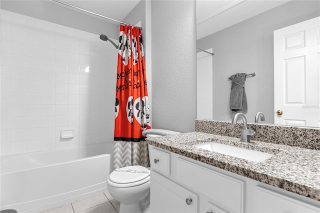 full bathroom with tile patterned floors, vanity, shower / bath combination with curtain, and toilet